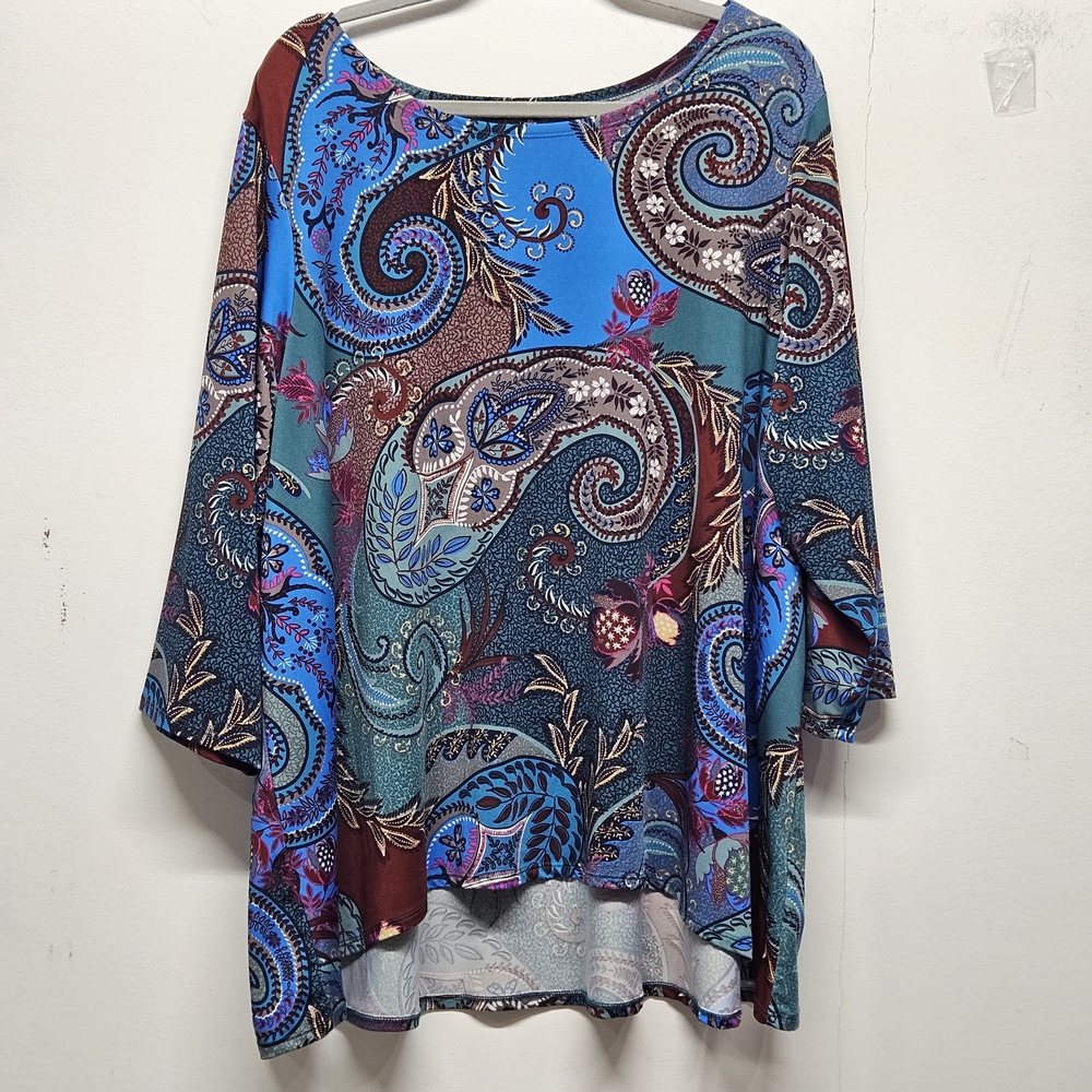 Zac & Rachel Tunic Woman Plus 3X Paisley Print Flowy Top 3/4 Sleeve Multicolor